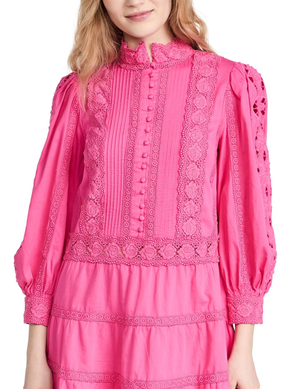 Alice + Olivia Pink Eyelet Puff-Sleeve Mini Dress - Picture 2 of 7